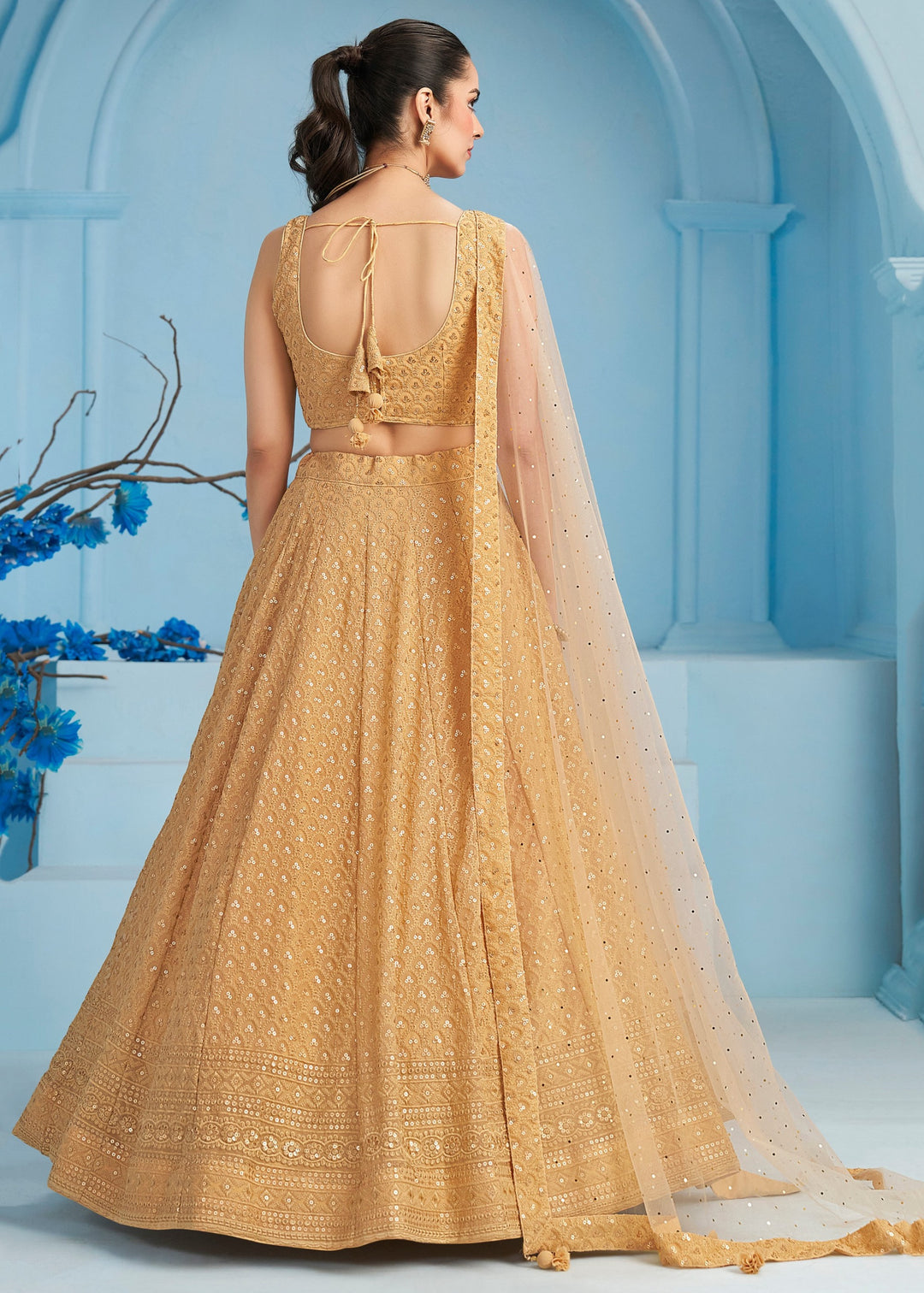 Beige Georgette Lehenga With Sequins and Thread Embroidered Work