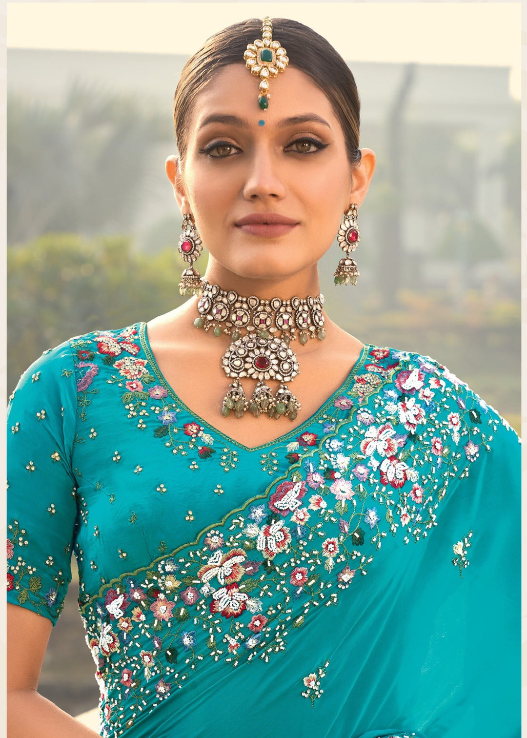 Firozi Pure Crape Saree With Moti Work