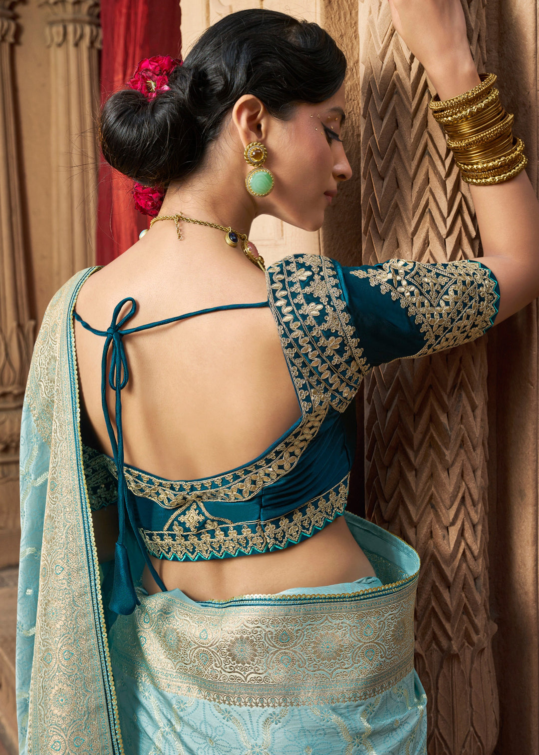 Sky Blue Satin Silk Saree With Beautiful Lace Border And Heavy Designer Embroidered Blouse