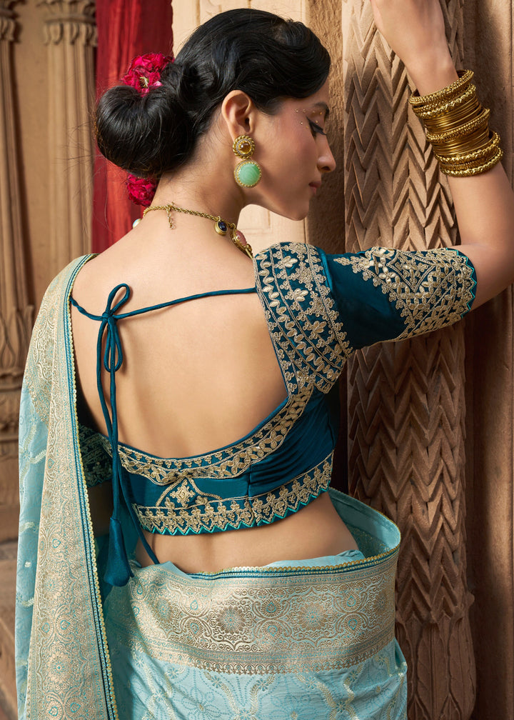 Sky Blue Satin Silk Saree With Beautiful Lace Border And Heavy Designer Embroidered Blouse