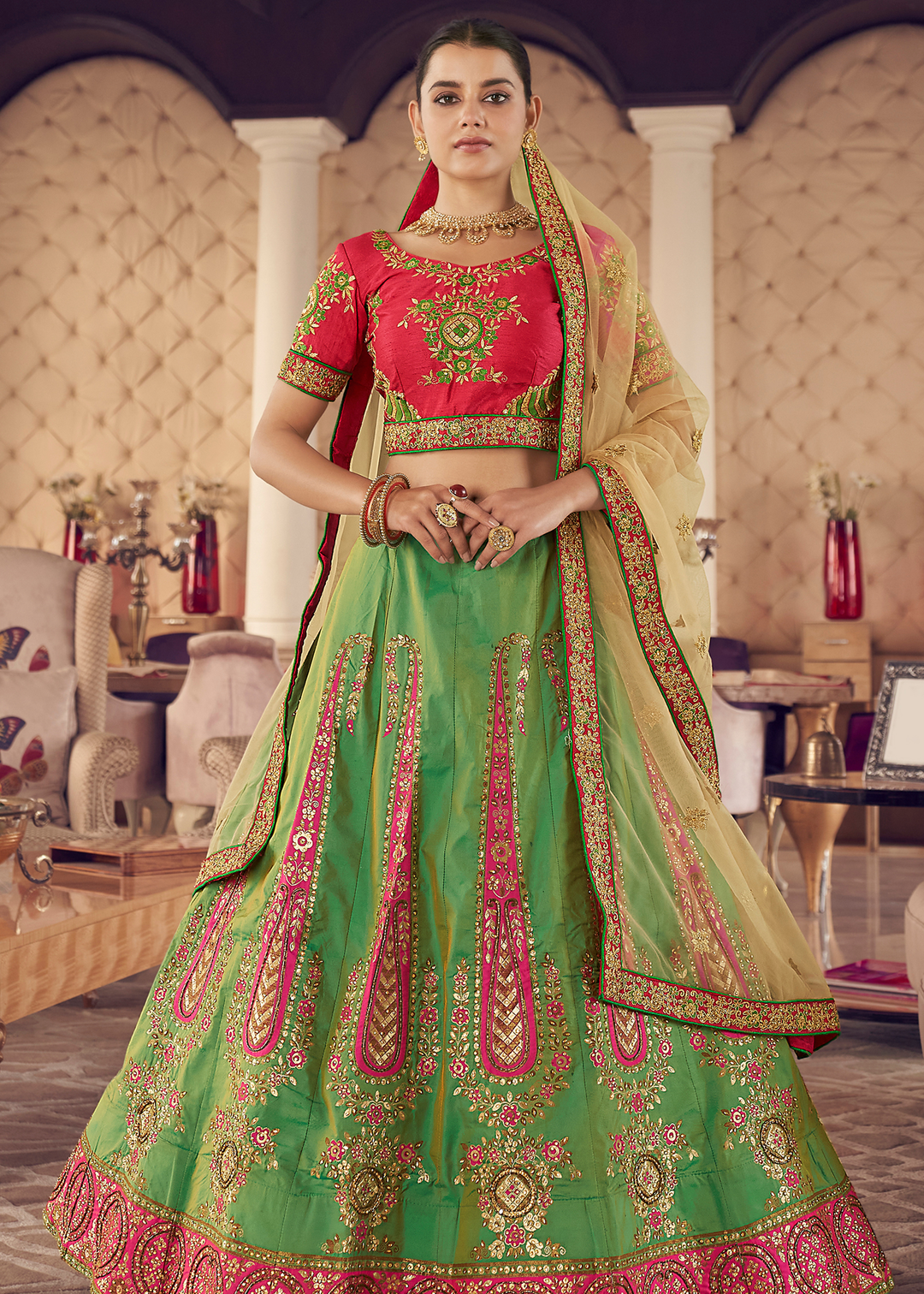 Emerald Green Silk Lehenga Choli with Thread & Zari work