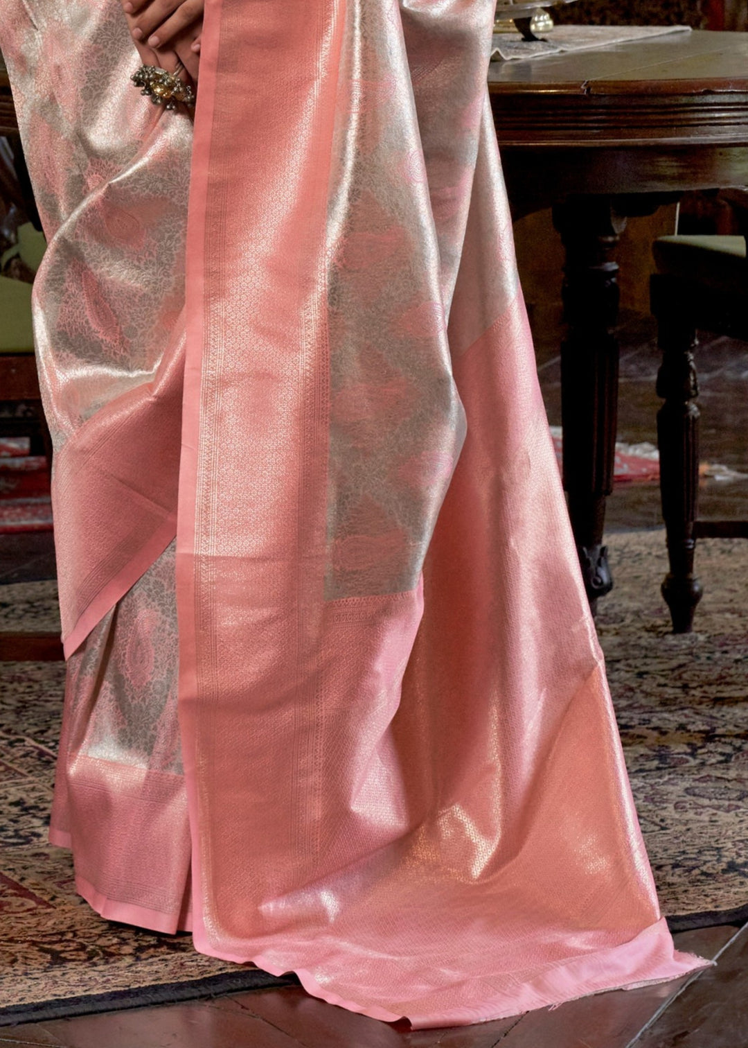 Peach Pure Handloom Dharmavaram Weaving Silk Saree