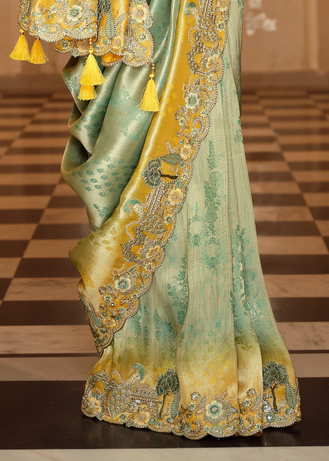 Aqua Blue With Yellow & Golden embroidery Silk Saree