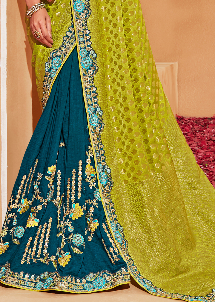 Green & Blue Half N Half Heavy Embroidered Banarasi Silk Saree