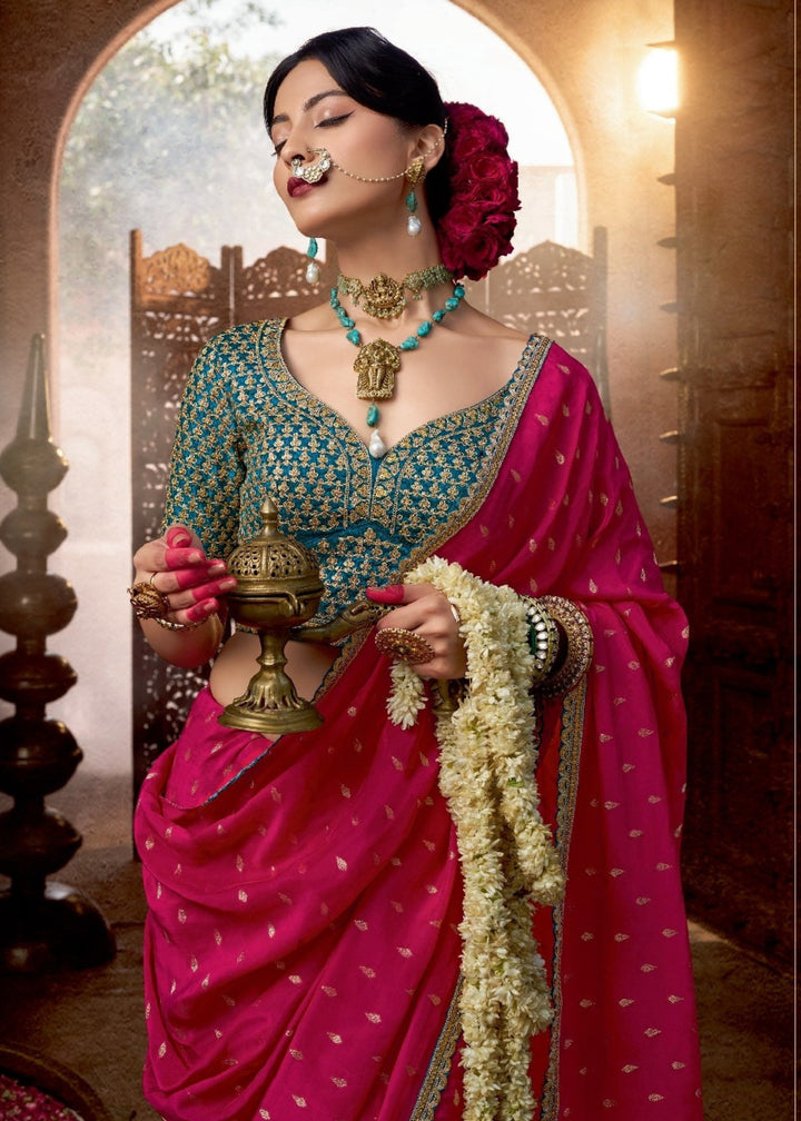 Red Pink Pure Viscous Crepe based fabric with Hand dying & Butti weaving Saree