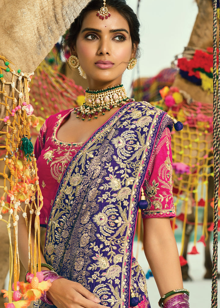 Orange & Blue Georgette Bandhej Saree With Moti & Cut-Dana Handwork Border