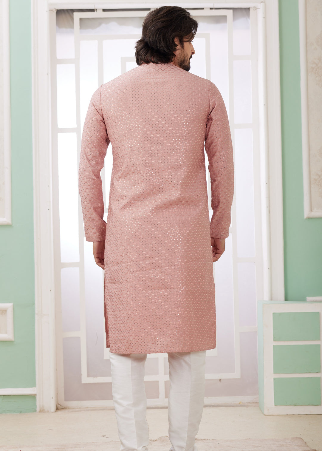 Peach Silk Mens Kurta Set With Thread Embroidery Work