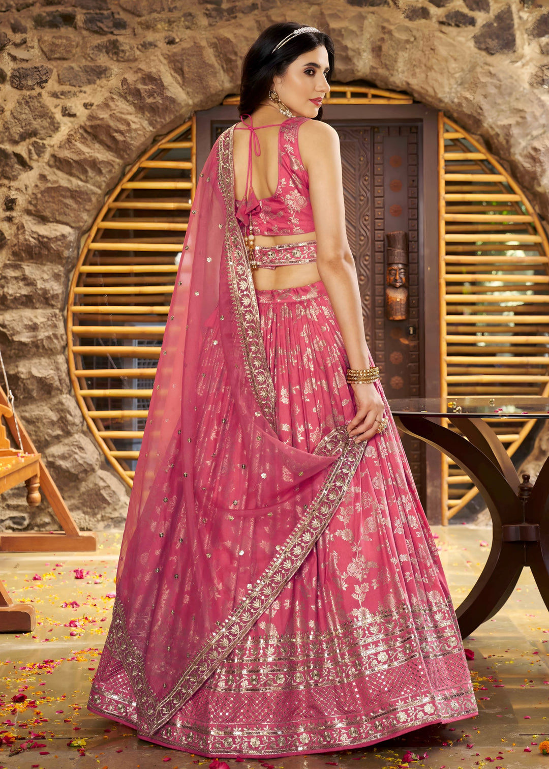 Peach Sequins and Zari Embroidery Work Silk Lehenga