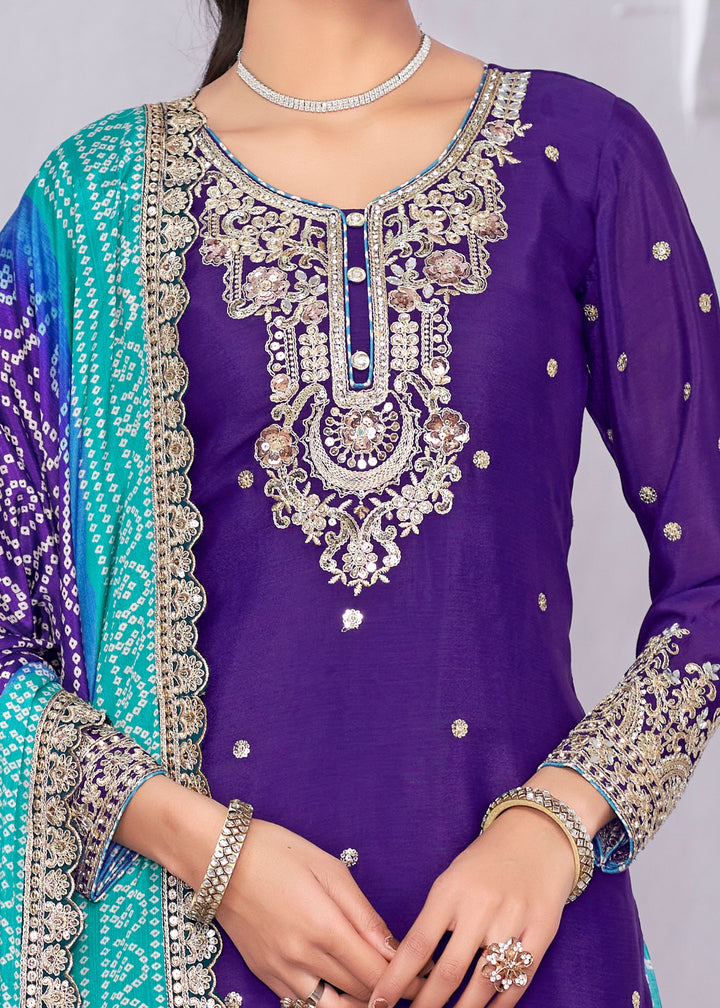 Shades of Blue Chinon SIlk Plazo Suit With Embroidered Work