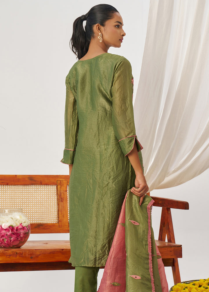 Paris Green Silk Pant Suit With Embroidery Work