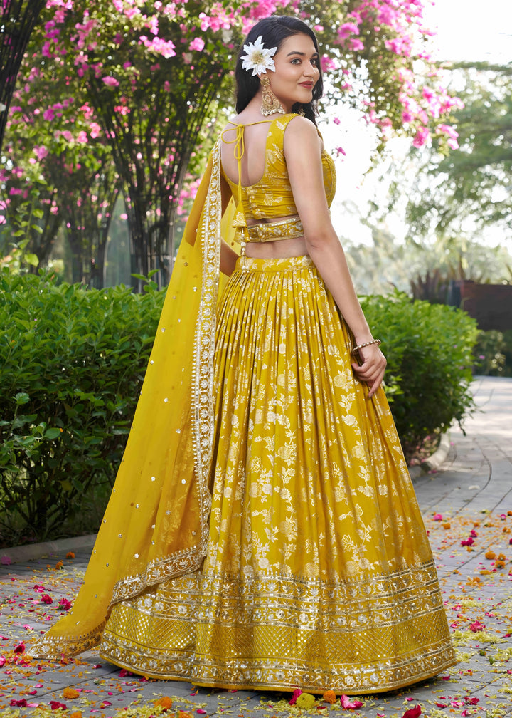 Yellow Sequins and Zari Embroidery Work Silk Lehenga