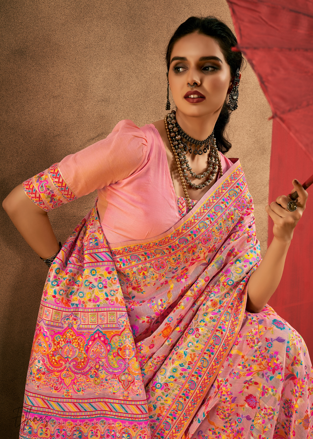 Soft Blush Pink with Multicolour Kashmiri Floral Weaving Saree