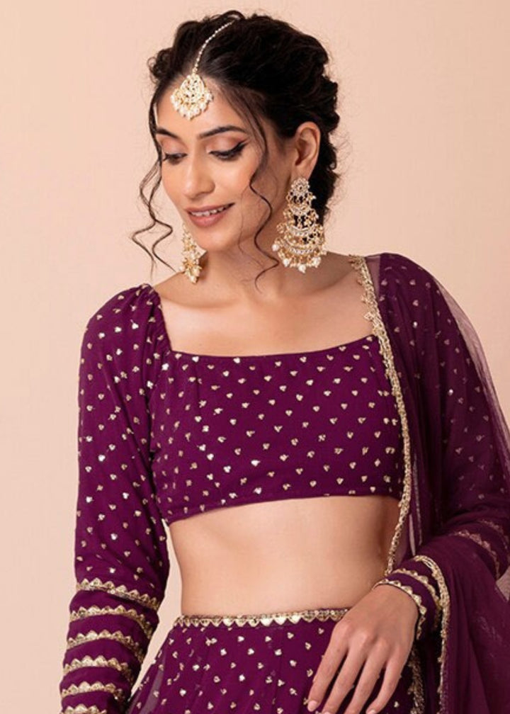 Grape Purple Georgette Lehenga Choli With Sequins Zari Embroidered Work