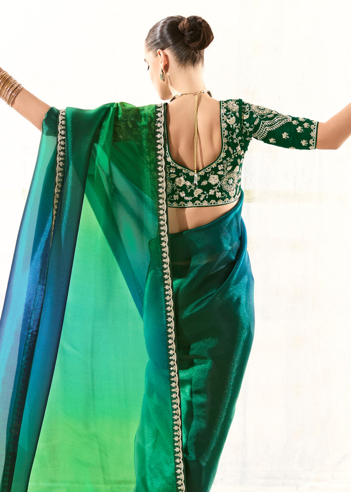 Pine Green Organza Tissue Silk Saree With Heavy Work Border And Designer Blouse