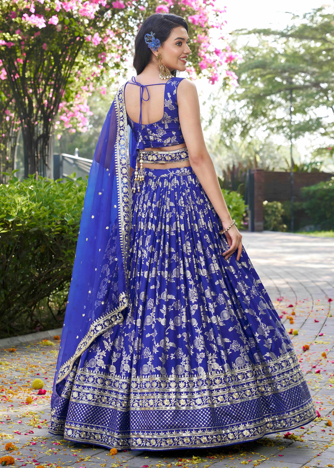 Royal Blue Sequins and Zari Embroidery Work Silk Lehenga