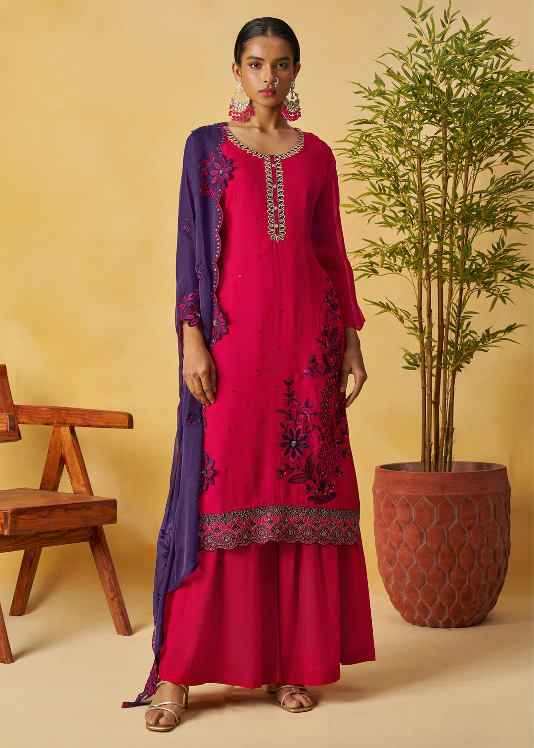 Bright Fuchsia Pink Salwar Suit with Deep Navy Dupatta