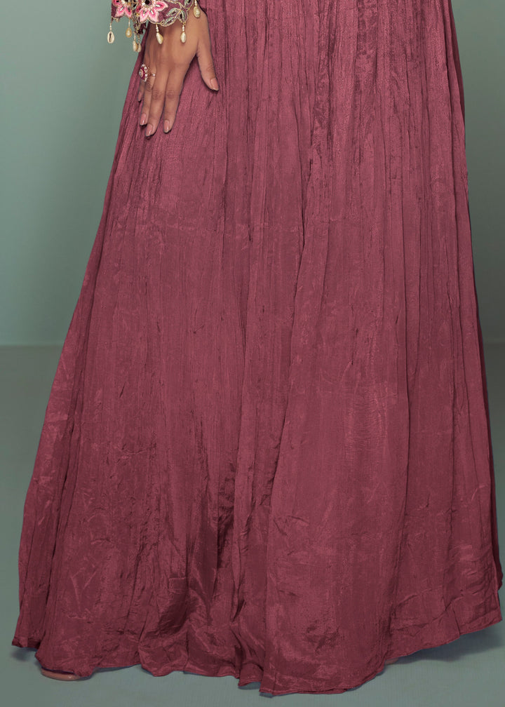 Maroon Pink Chinon Top with Skirt