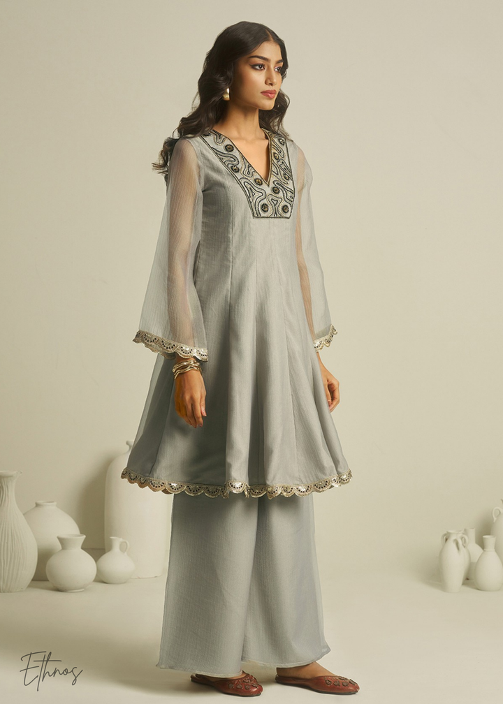 Grey Tissue Handwork Kurta With Pant