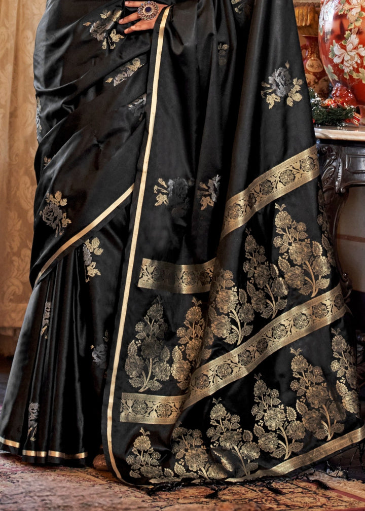 Black Pure Satin Handloom Weaving Silk Saree