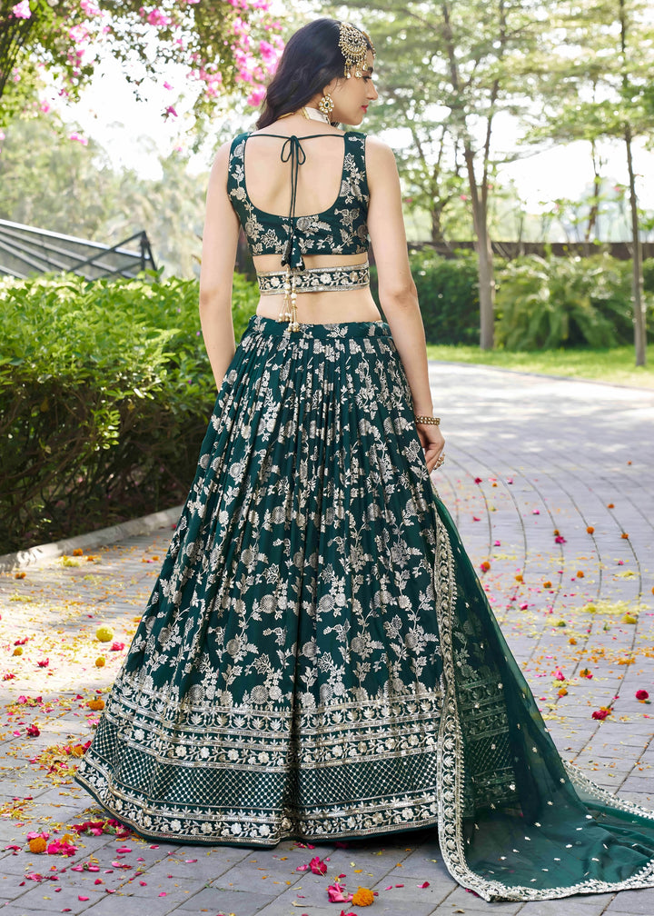 Green Sequins and Zari Embroidery Work Silk Lehenga