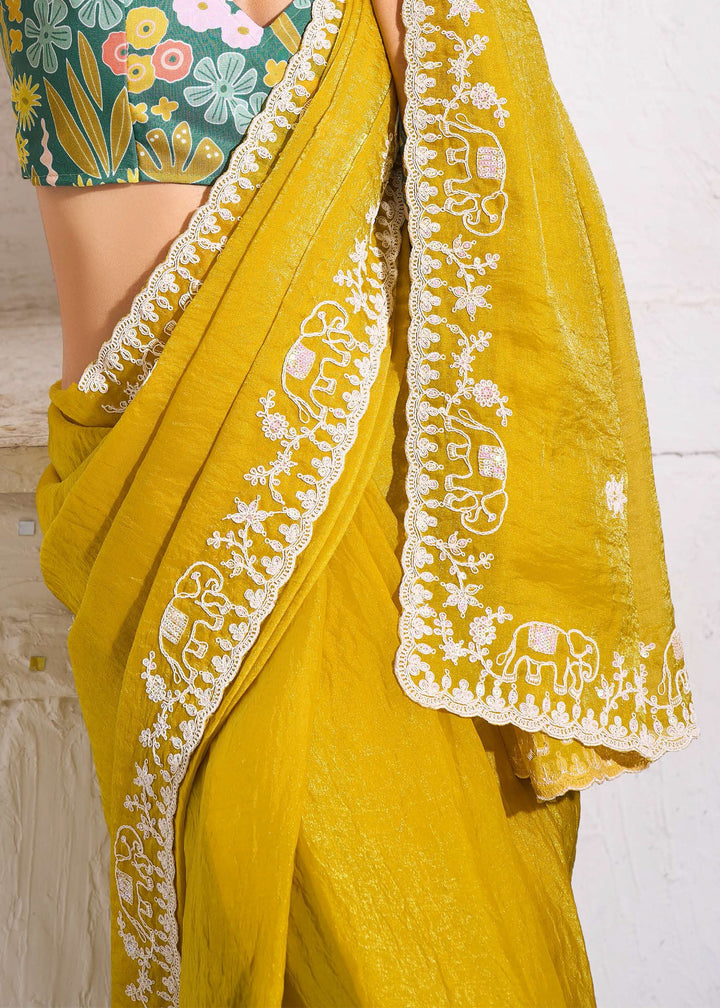Saffron Yellow Gold Crush Tissue Silk Saree With Beautiful Blouse