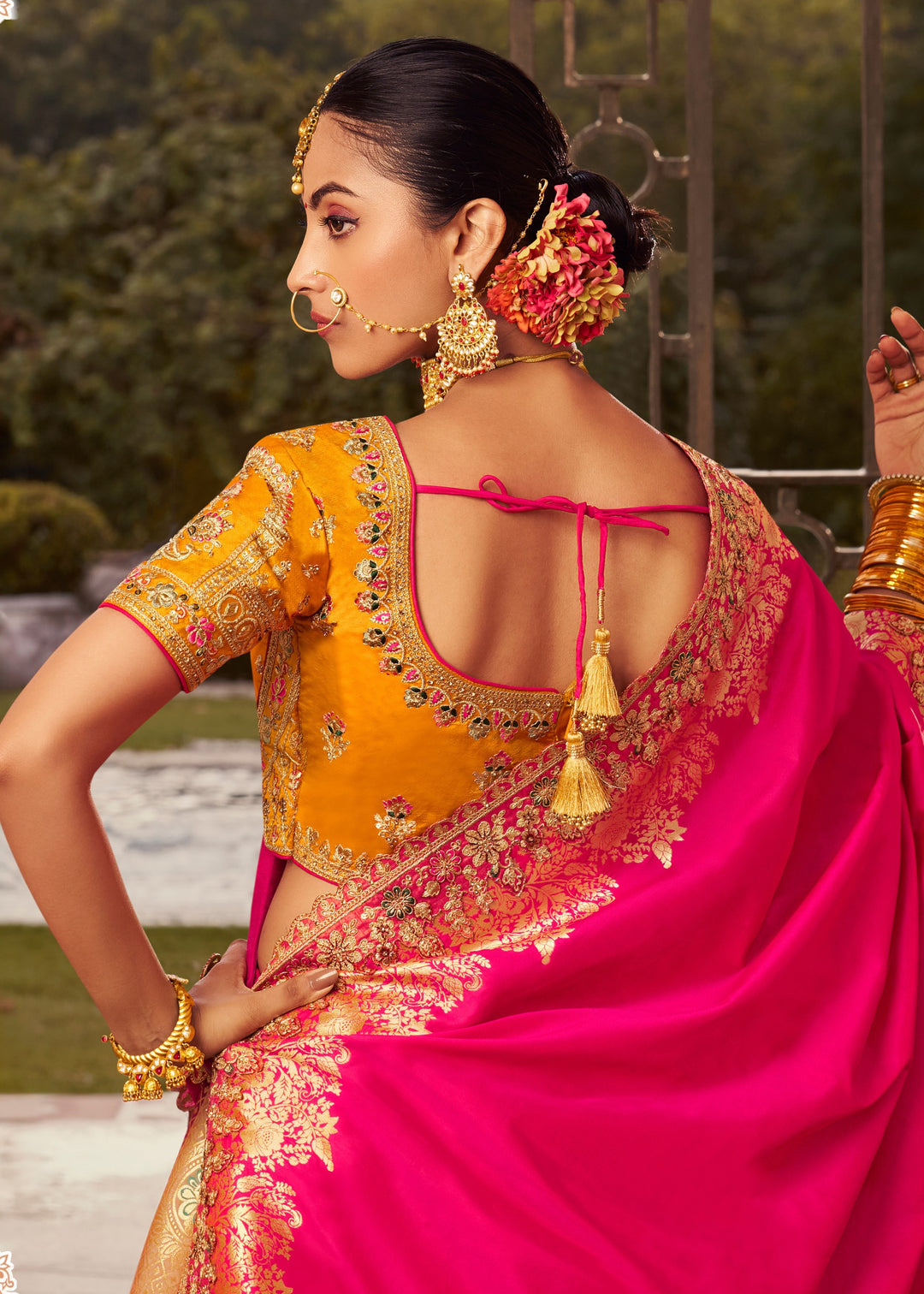 Hot Pink Base Banarasi Silk Lehenga With Gold Brocade And Golden Zari Work