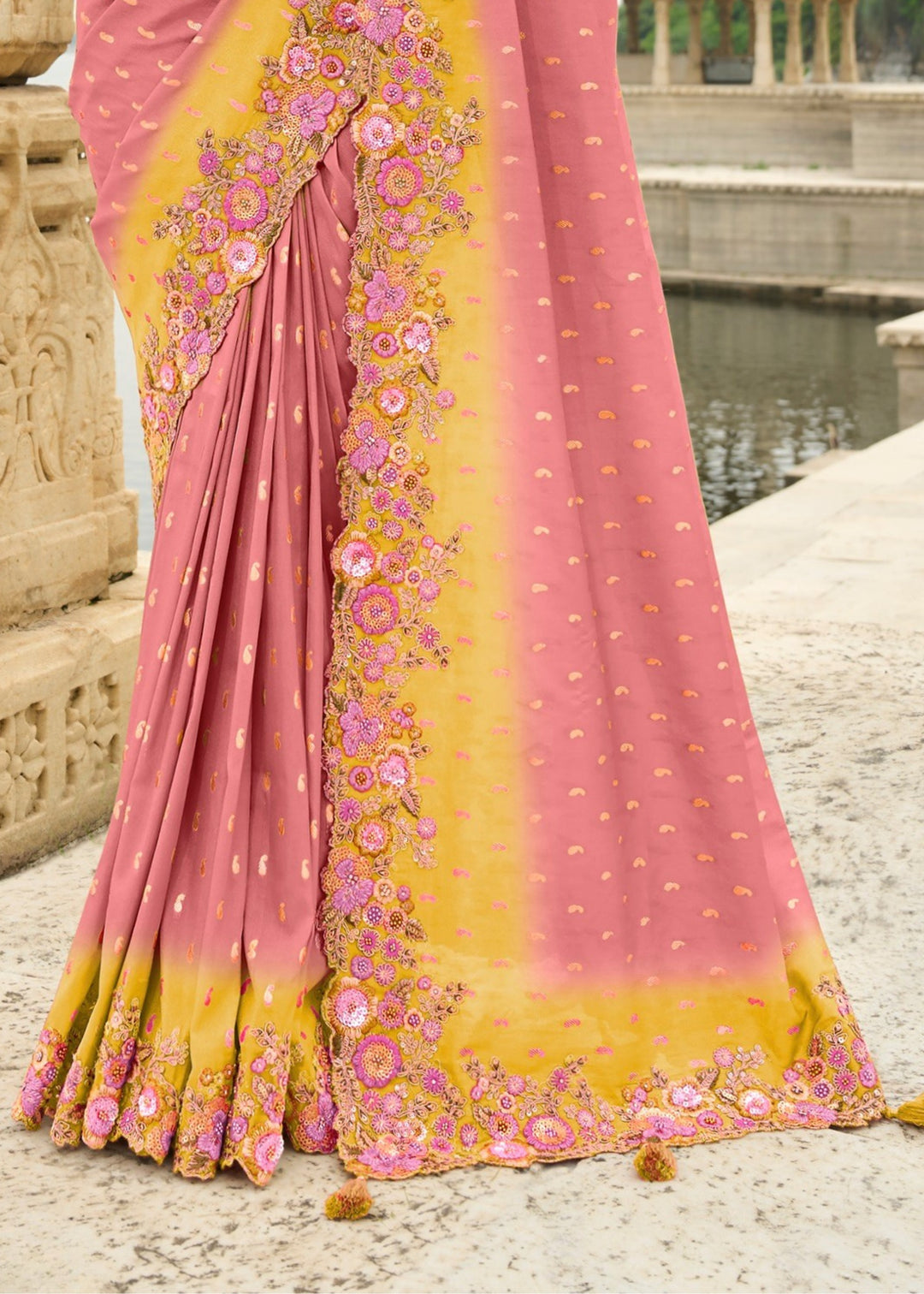 Neon Pink Silk Saree With Embroidery Cut and Butti Work