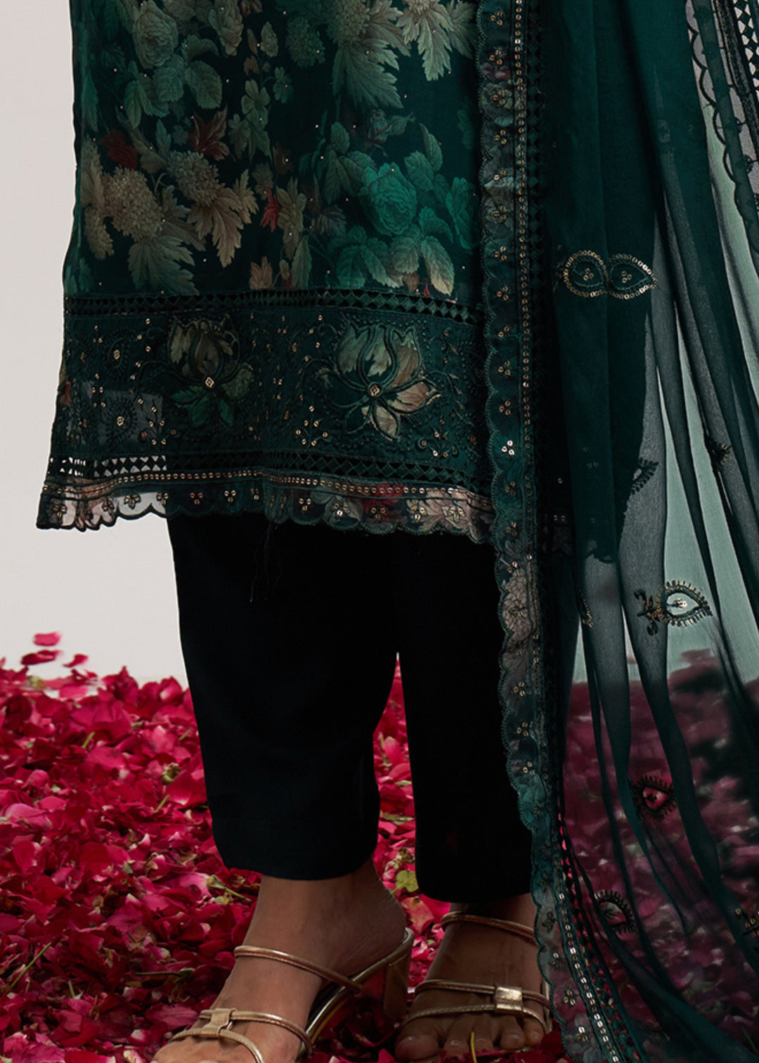 Pine Green Organza Pant Style Suit WIth Chiffon Dupatta