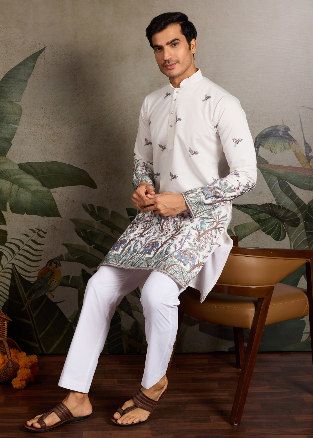 Creamy White Mens Silk Kurta with Pant