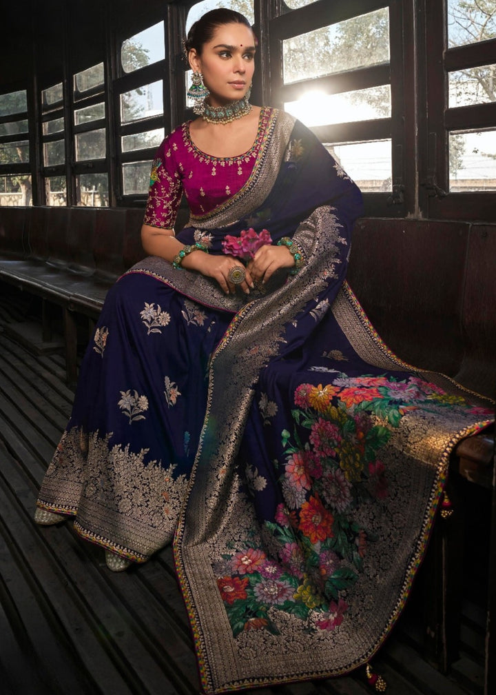 Navy Blue Soft Dola Viscous Silk with 3d Weaved Pallu and contrast blouse Saree