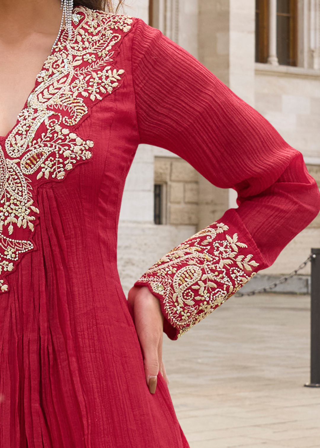 Ruby Red Chinon Silk Gown with Dupatta