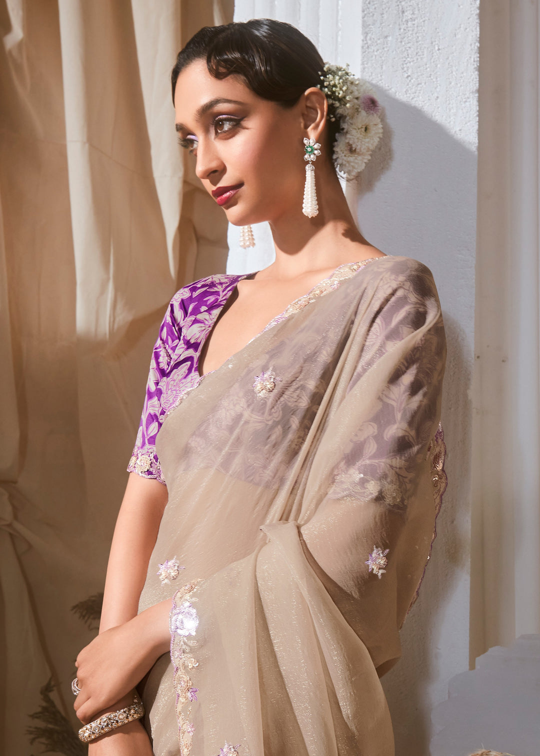 Trout Grey Fancy Silk Saree With Printed Blouse
