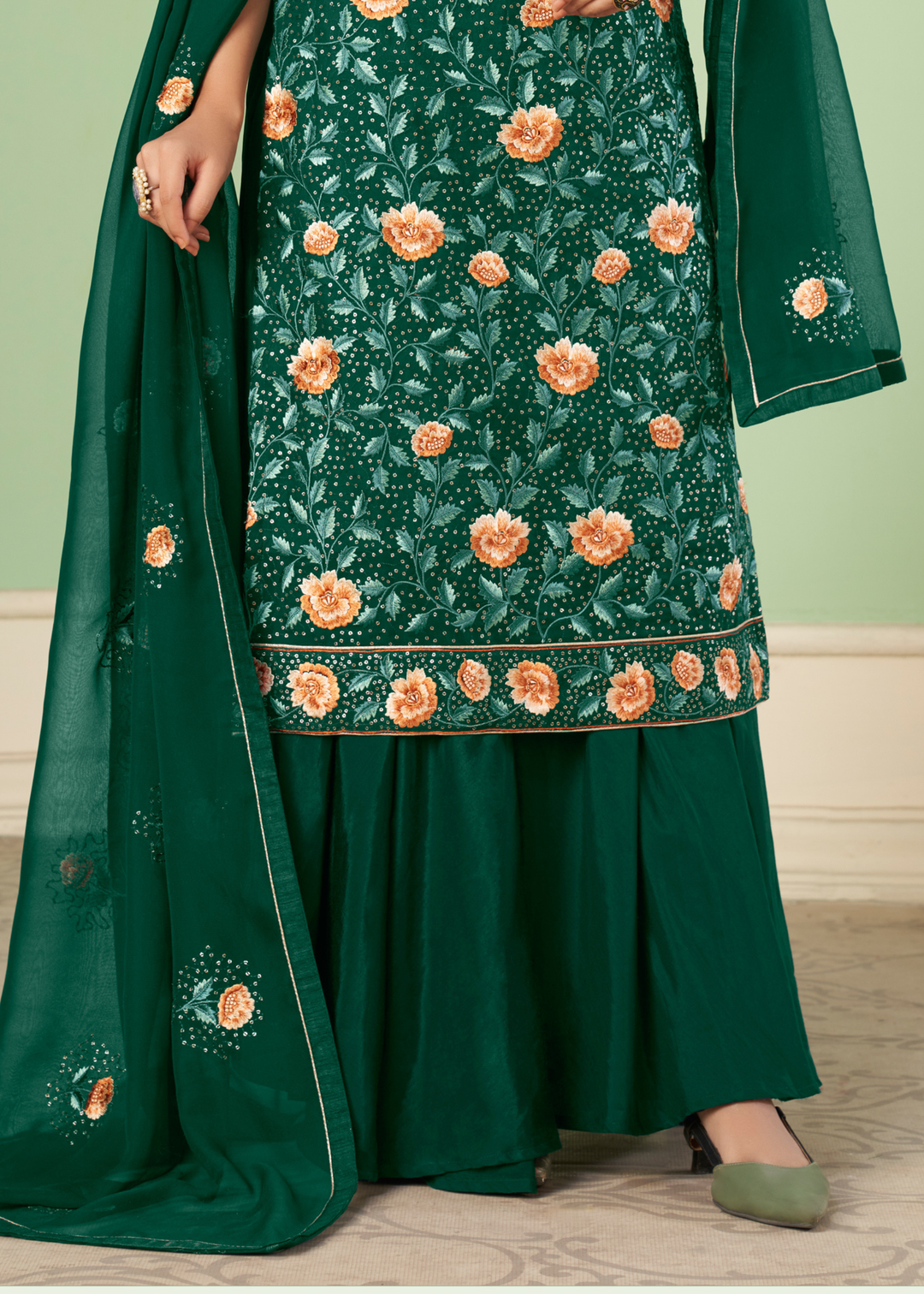 Cadmium Green Georgette Salwar Suit with Multi Colour Thread Embroidery & Sequence work
