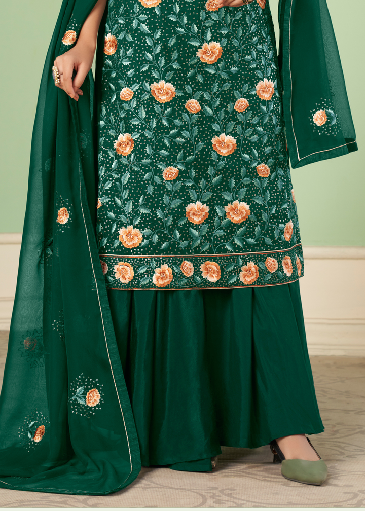 Cadmium Green Georgette Salwar Suit with Multi Colour Thread Embroidery & Sequence work