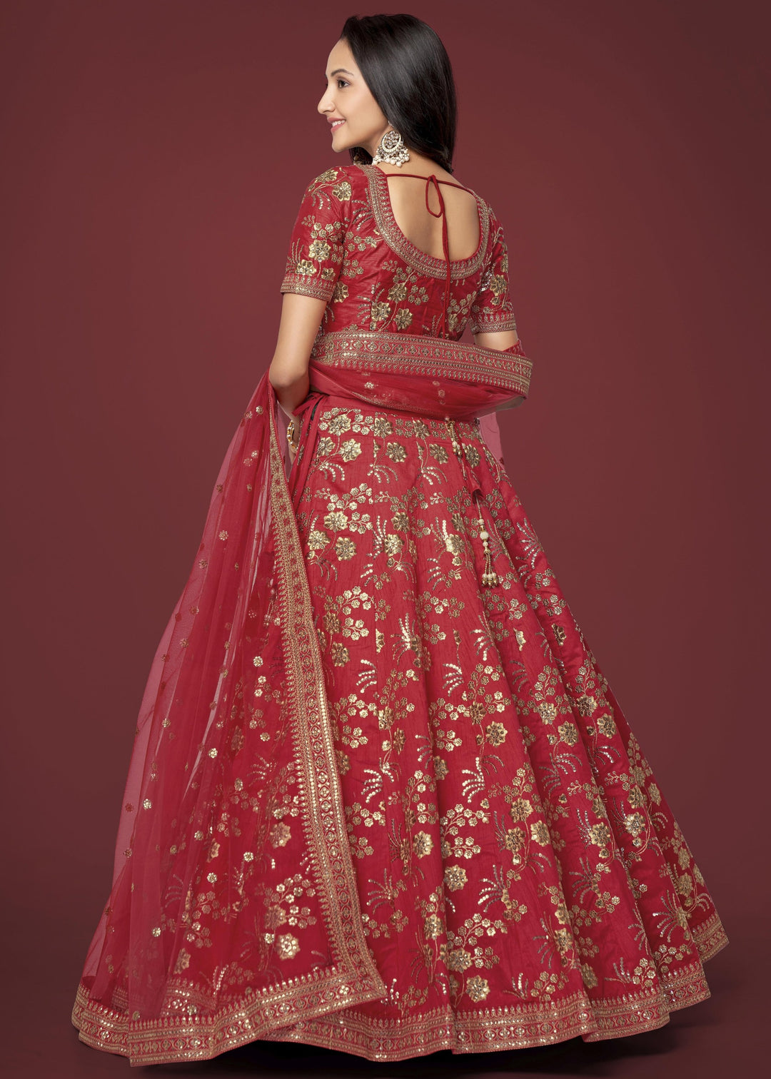 Red Slub Silk Lehenga with Zari Sequins and Dori Embroidery Work