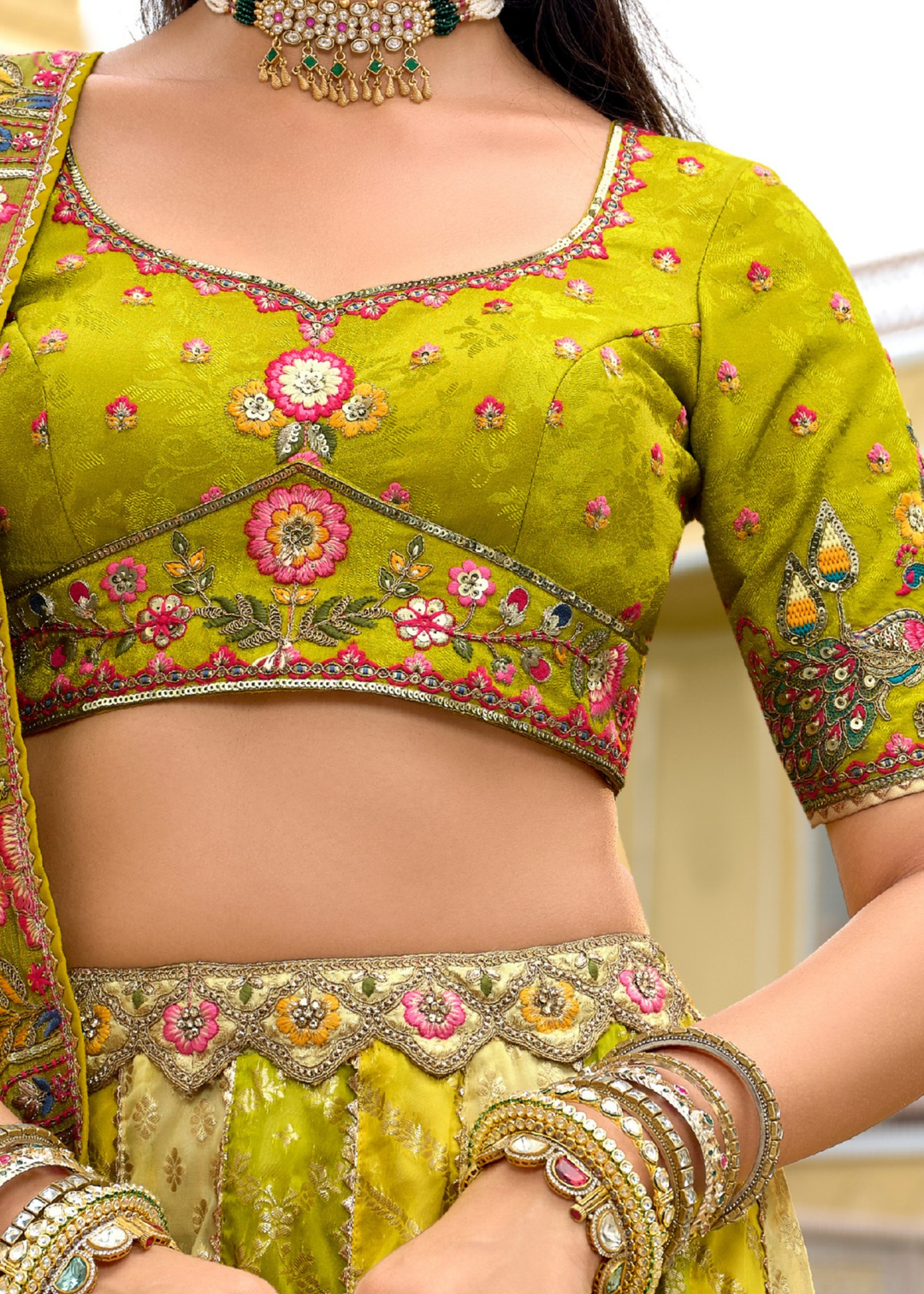 Lime Yellow And Green Silk Lehenga With Cut Work Border And Embroidery