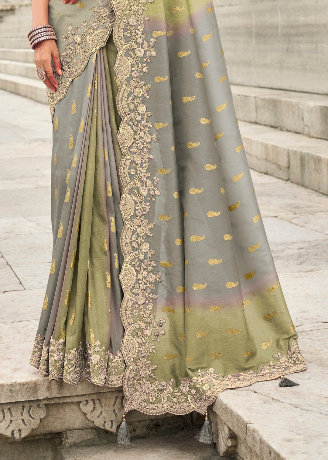 Soft Grey Silk Saree With Embroidery Cut and Butti Work
