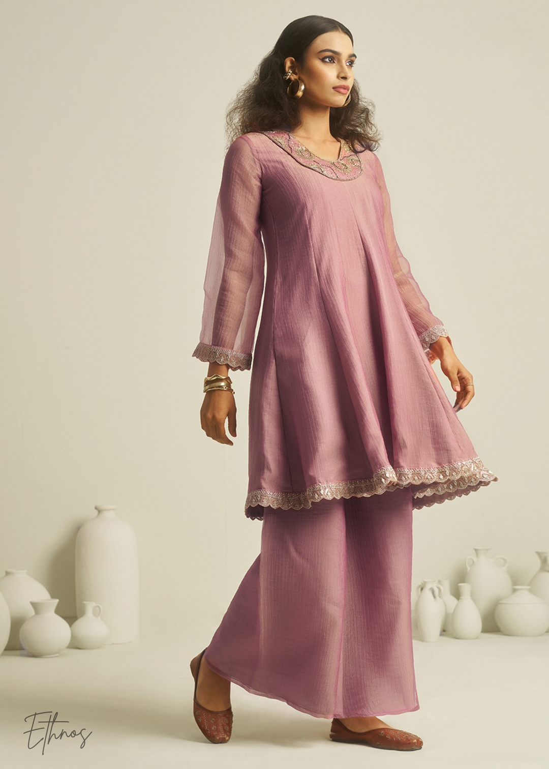 Pink Tissue Handwork Kurta With Pant