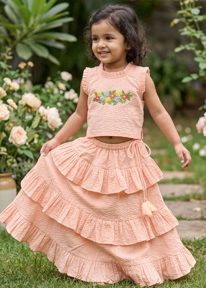 Peach Floral Embroidered Organic Cotton Ruffle Lehenga Set