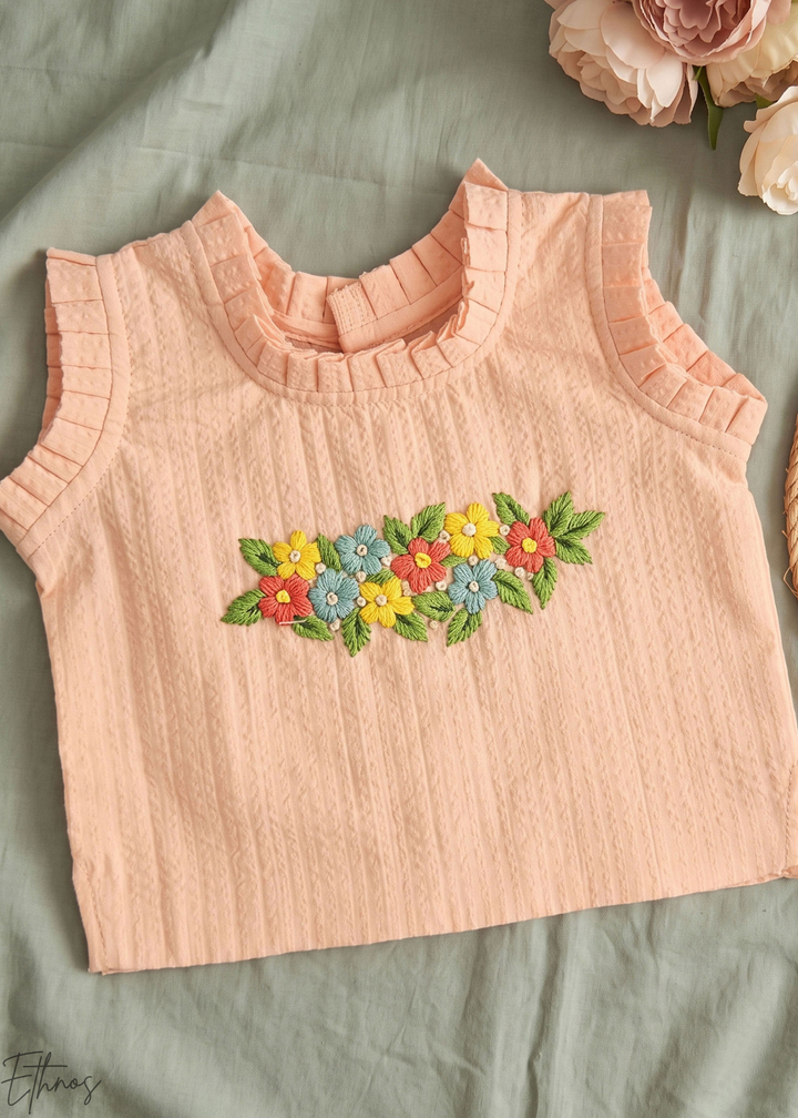 Peach Floral Embroidered Organic Cotton Ruffle Lehenga Set