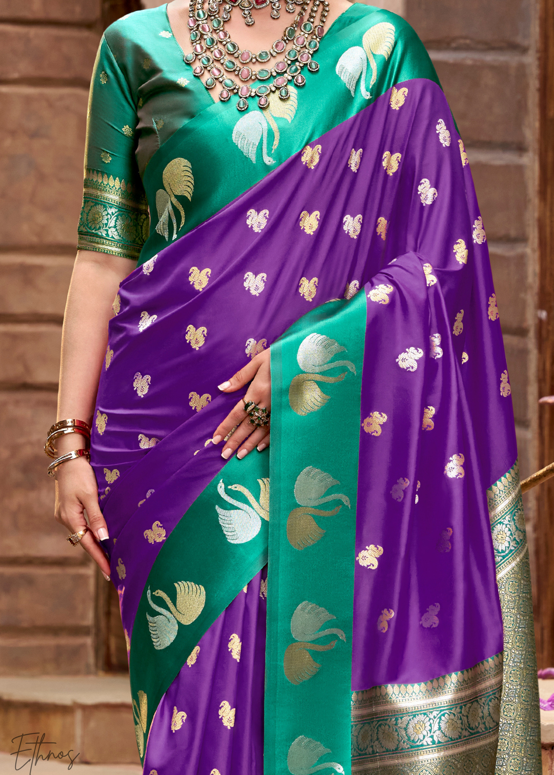 Royal Violet Ethereal Swan Satin Silk Saree