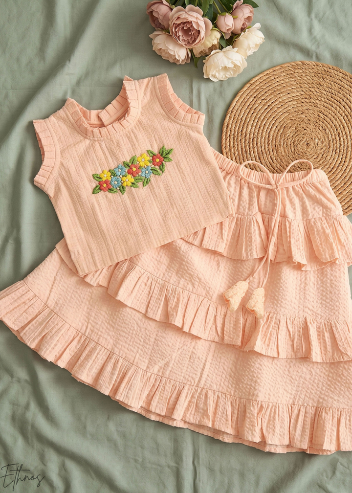 Peach Floral Embroidered Organic Cotton Ruffle Lehenga Set