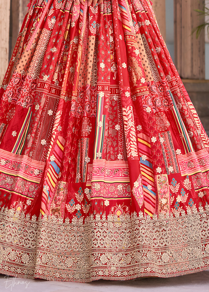 Red Printed Embroidered Chinon Silk Lehenga