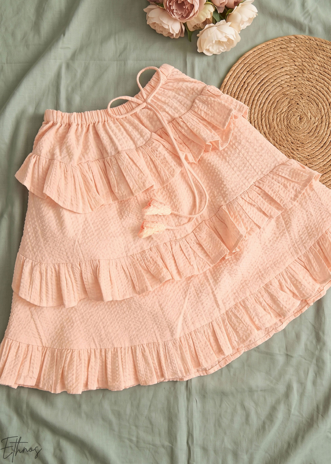 Peach Floral Embroidered Organic Cotton Ruffle Lehenga Set