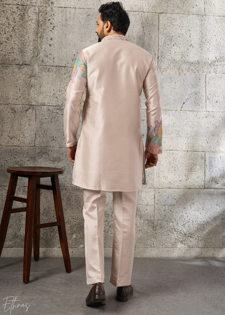 Champagne Beige Abstract-Flora Silk Kurta Pajama Set