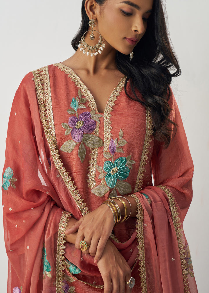 Vermillion Orange Silk Pant Suit With Chiffon Dupatta