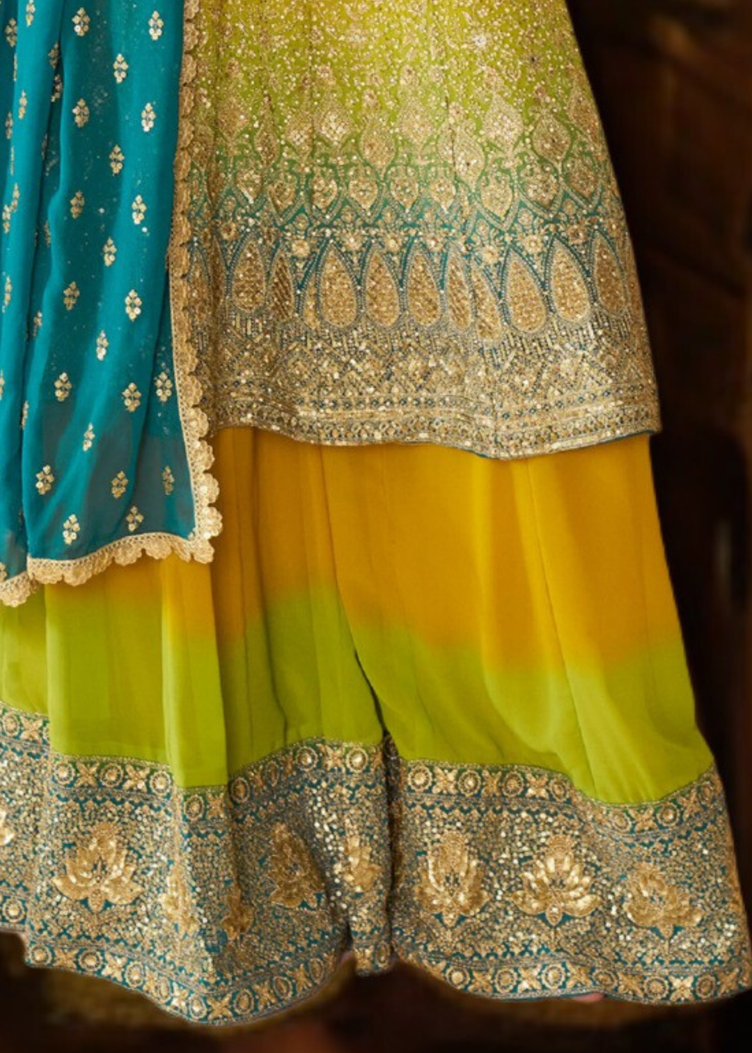 Lime Green Ombre With Gold Embroidery Georgette Palazzo Suit