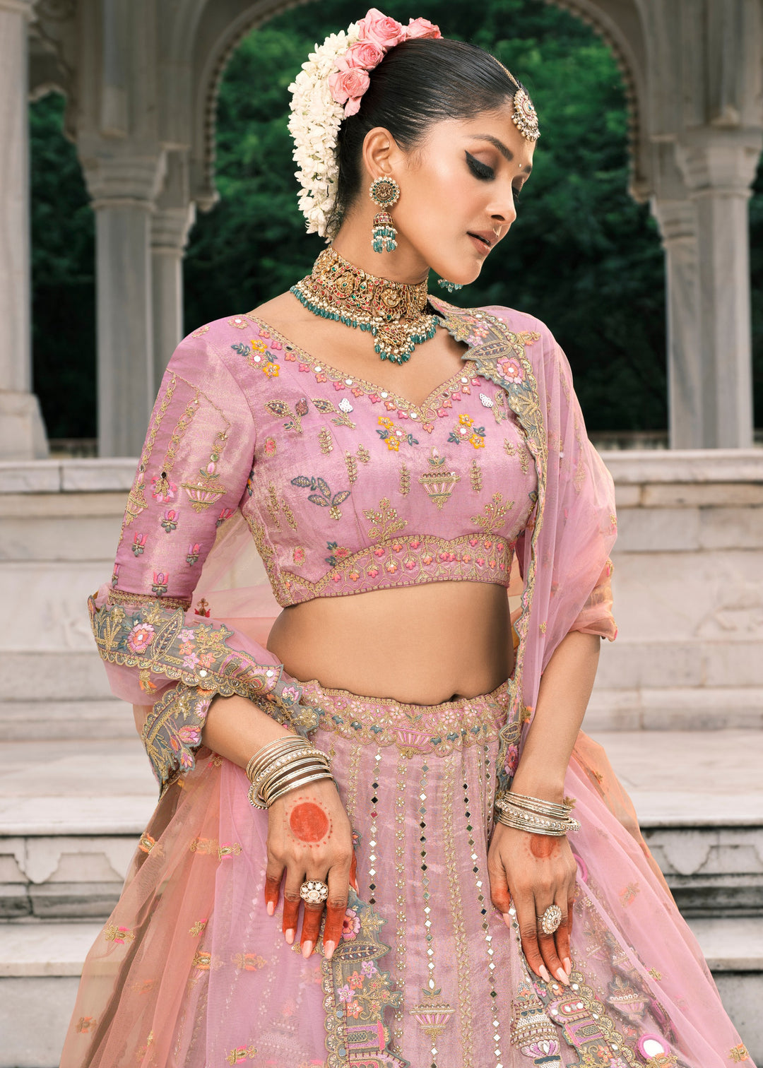 Pastel Pink Fancy Silk Lehenga Choli With Cut Work Embroidery Border & Stone Work