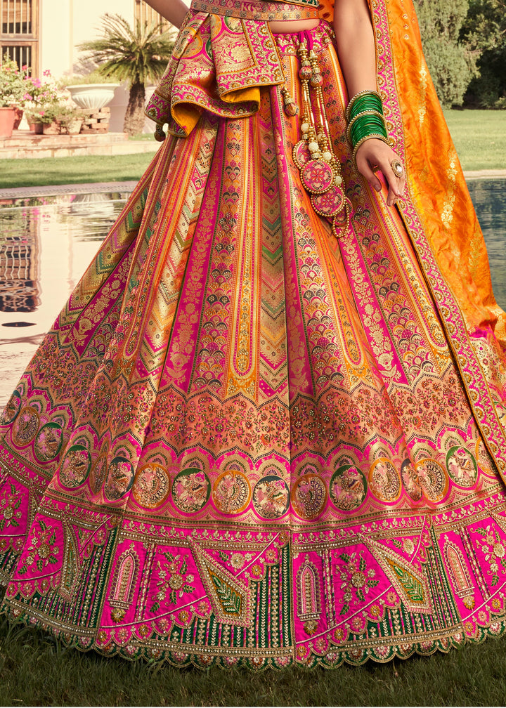 Tangerine Orange Banarasi Silk Lehenga With Golden zari work