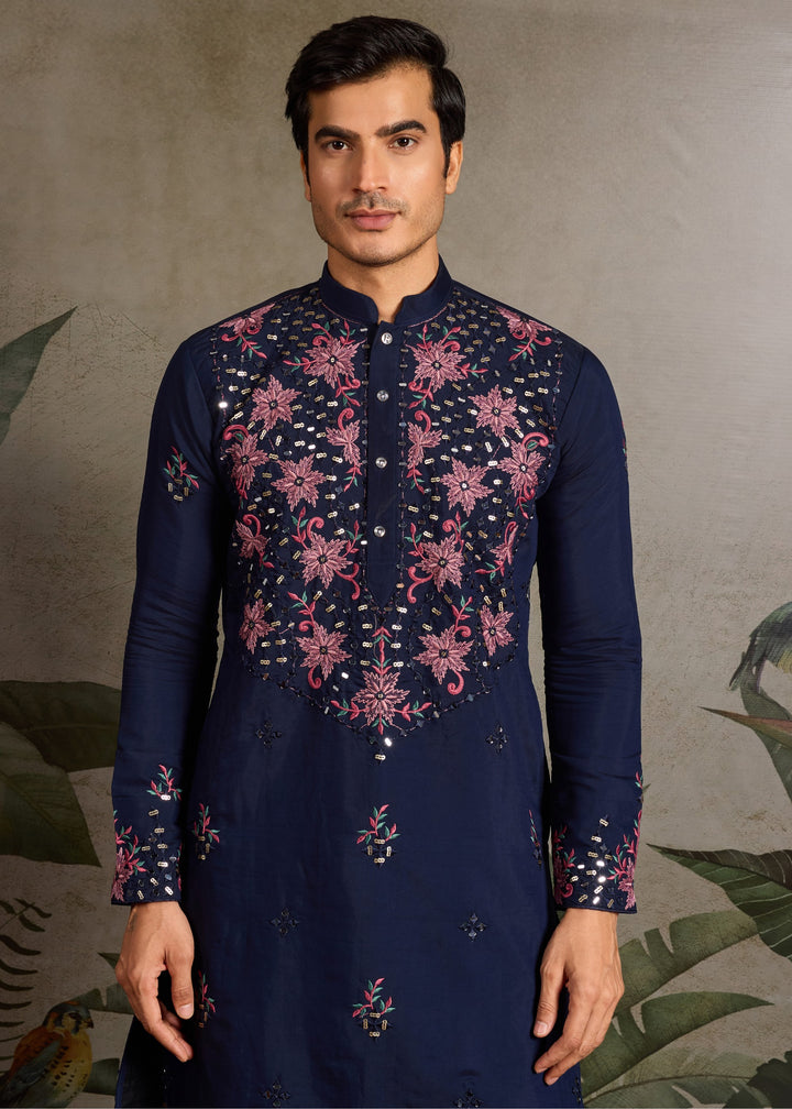 Navy Blue Mens Wear Silk Kurta with Pant